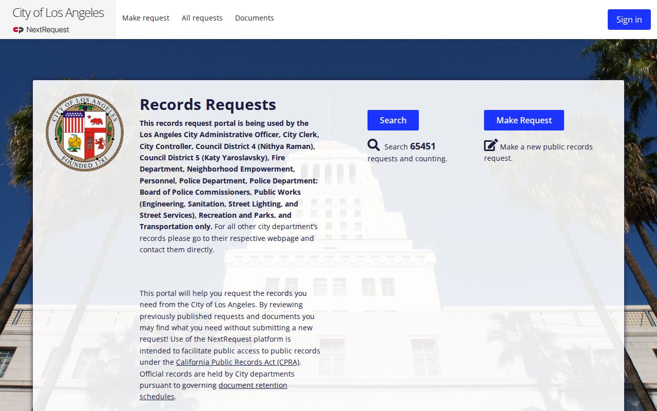 Los Angeles residents directory City of Los Angeles public records request portal