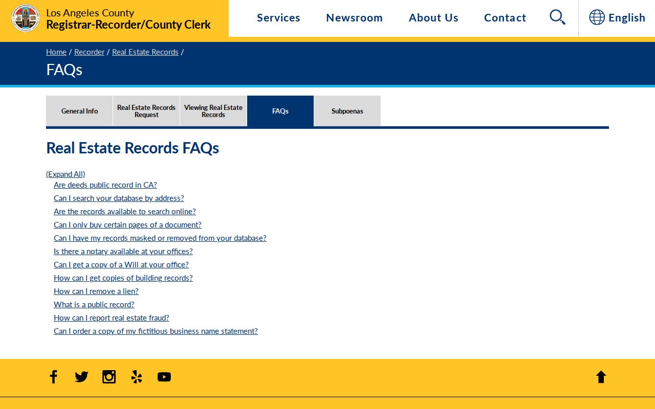 Los Angeles previous residents recorder deed index FAQ and document details