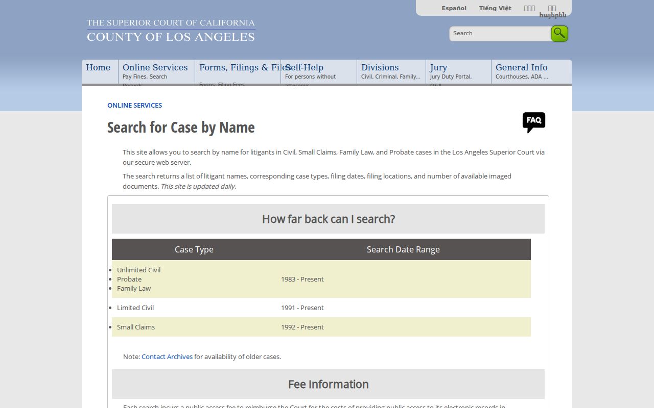 Los Angeles resident lookup Superior Court party name search